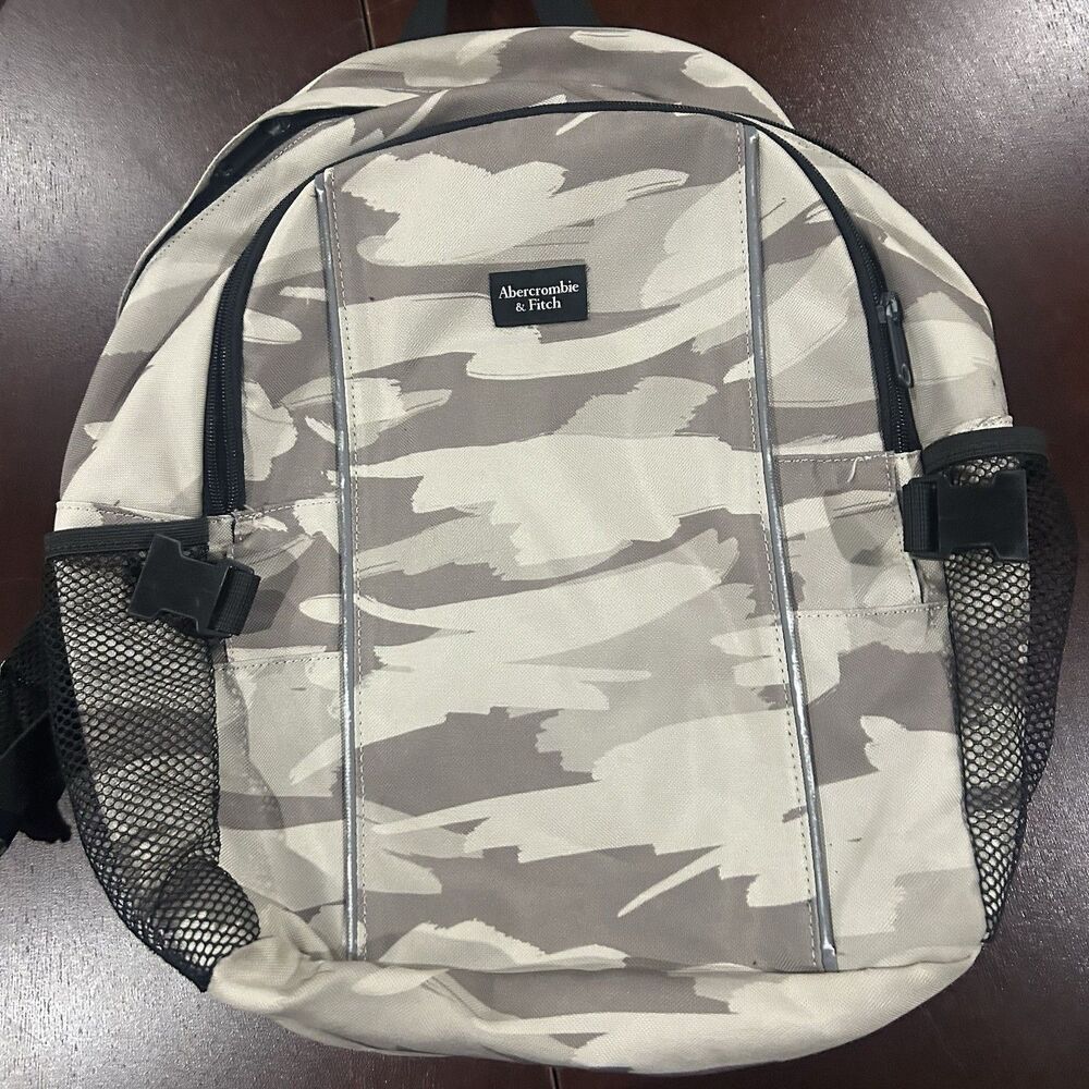 Abercrombie Kids Camo Backpack Gray Beige School Book Bag Mesh Side Pockets